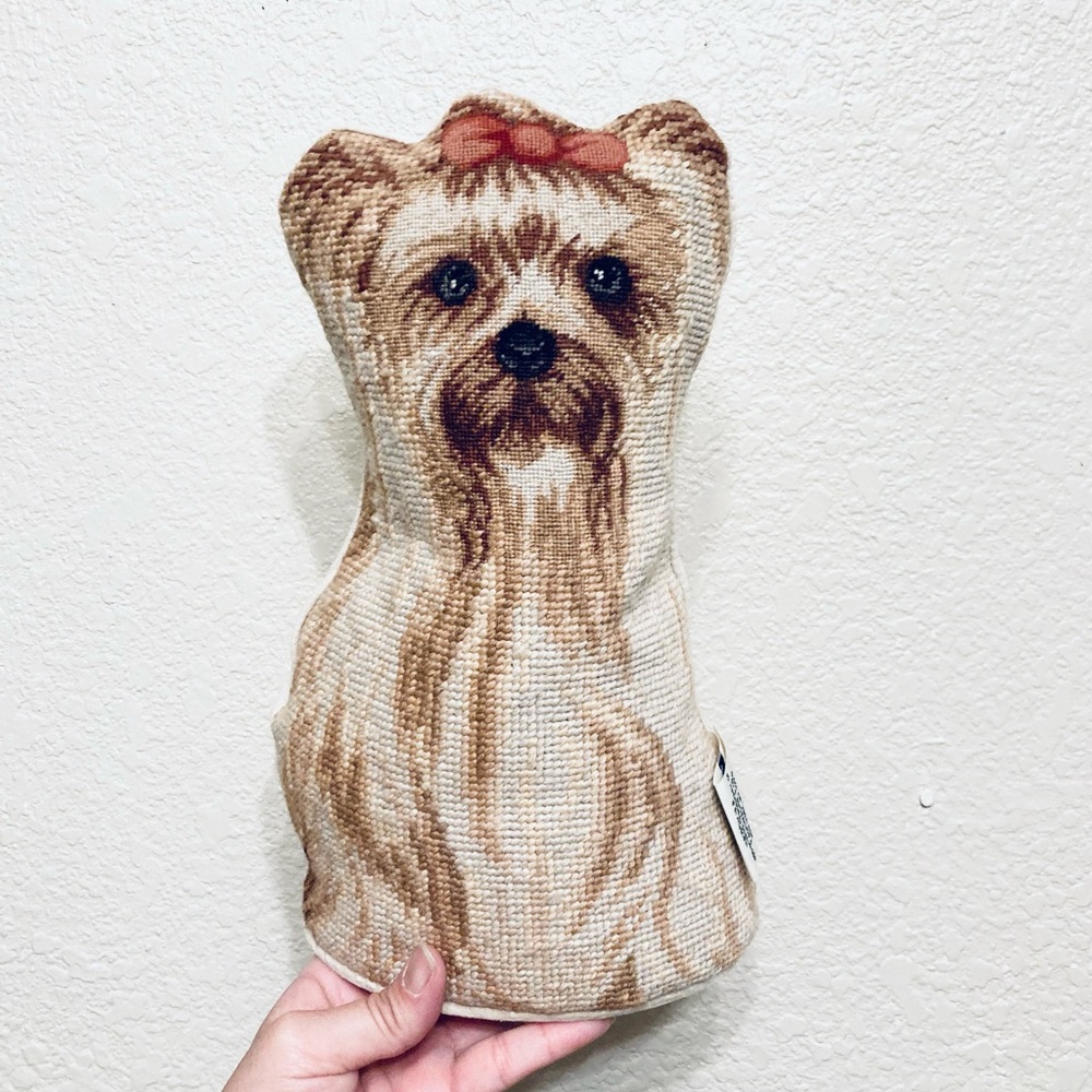 Vintage Yorkshire Terrier with Ribbon Needlepoint dog shaped accent pillow - Picture 2 of 14